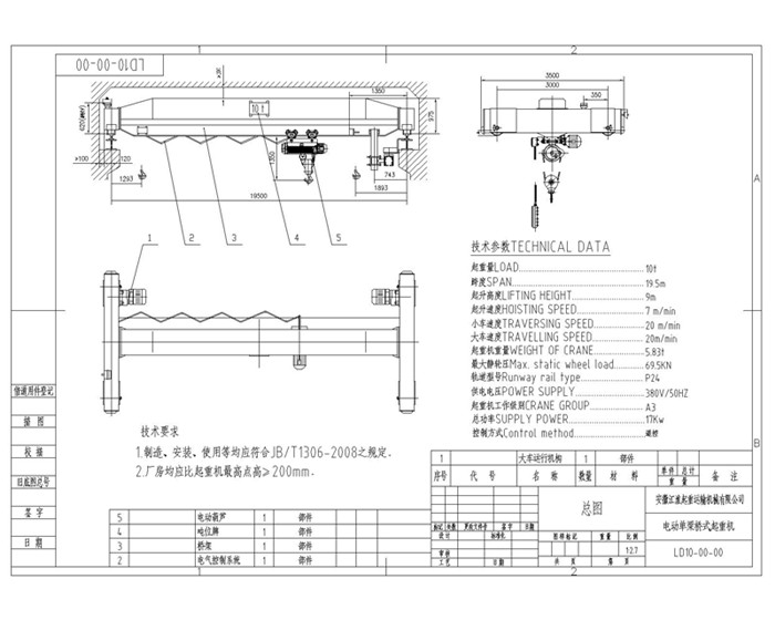 安起LD10t-19.5m電動(dòng)單梁起重機(jī)